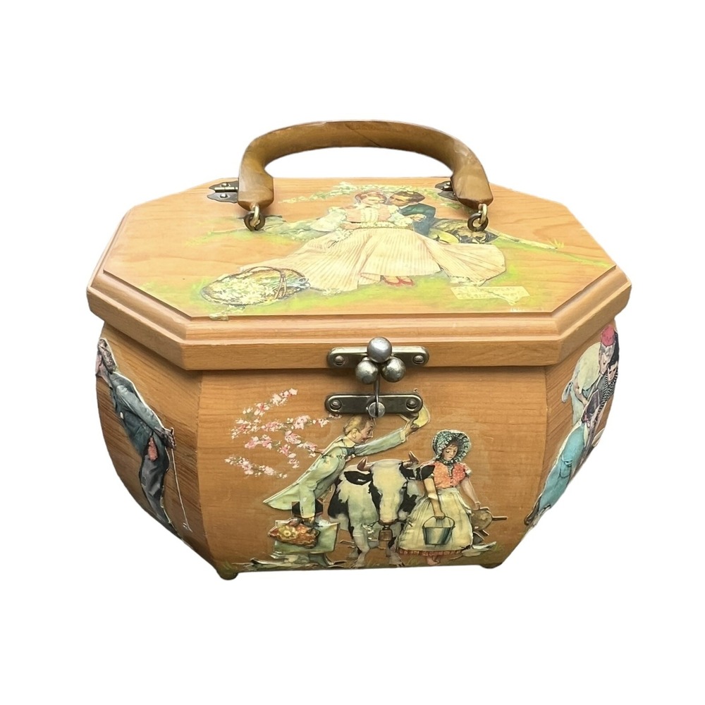 1970s Wooden Hand Crafted Decoupage Box Purse Norman Rockwell Hinged